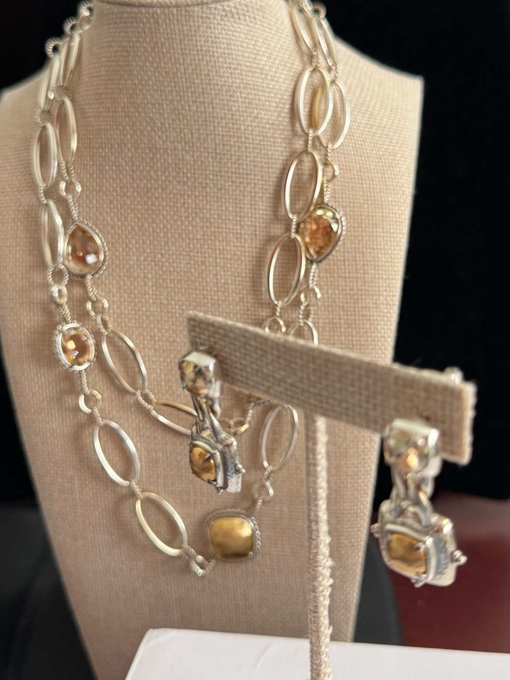 Brighton Silver Long 36+” Station Necklace /Earrings -Gold Ball & Amber Crystals